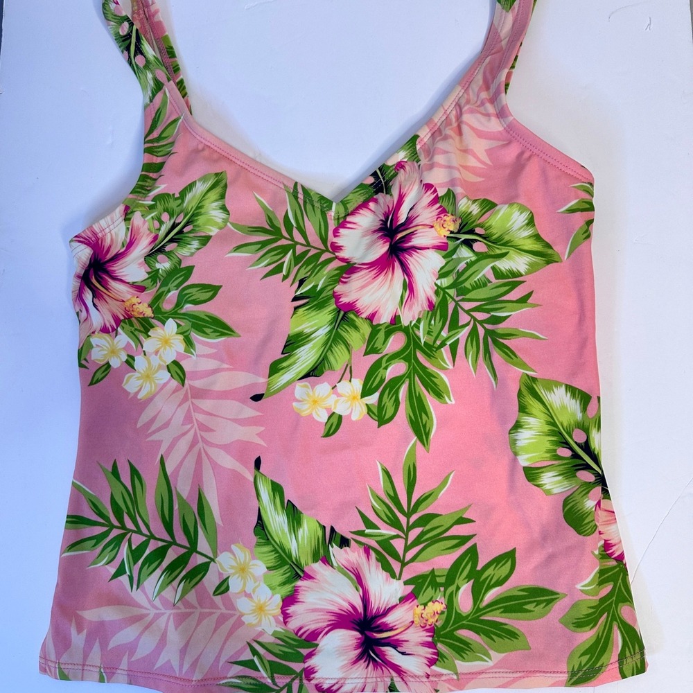 JANTZEN Pink Tropical Hibiscus Floral Tankini Swim Top Womens 10 Retro Beach